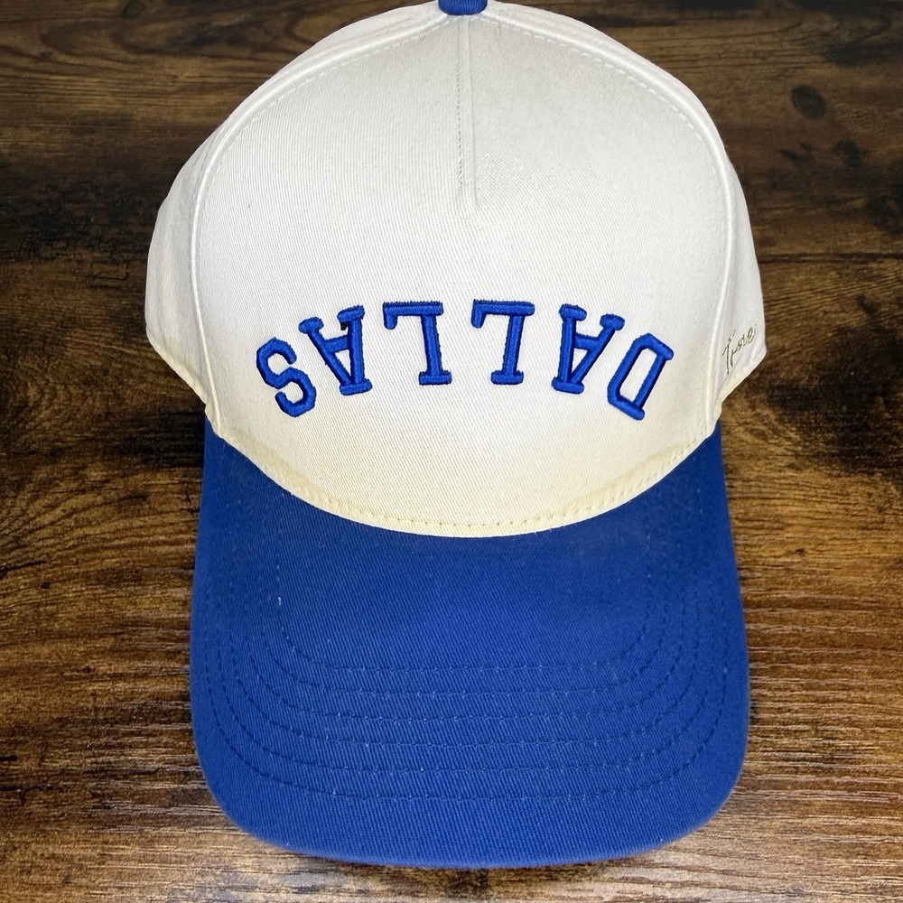 True Brvnd Dallas Upside Down Snapback Hat Cream Blue Embroidered Cap